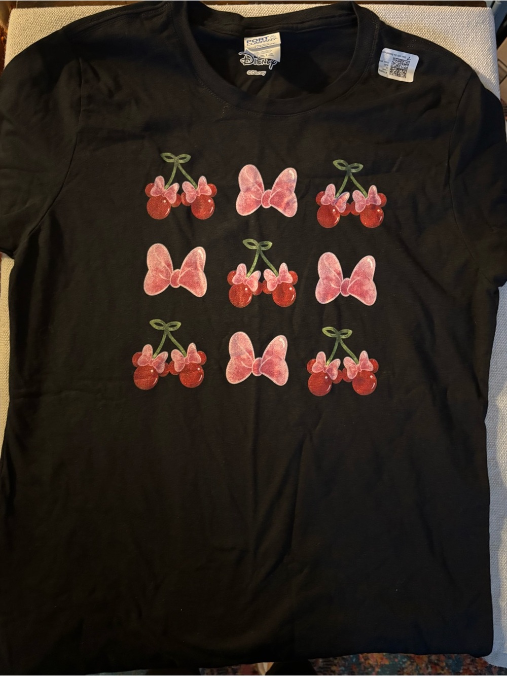 Disney Black T-Shirt with Pink Bows & Red Cherries